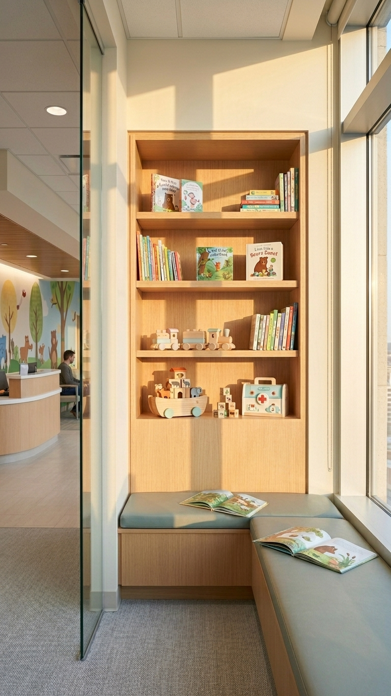 A sunlit pediatric waiting room with a wooden bookshelf and reading bench.